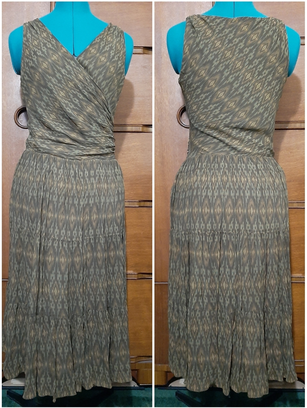 Ralph Lauren Brown And Green Ikat-Print Faux Wrap Dress